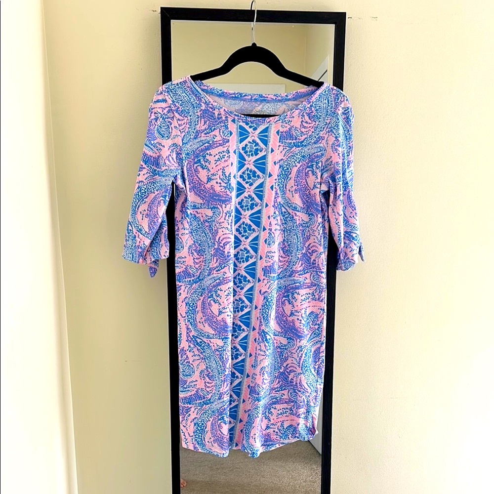 EUC Small Lilly Pulitzer Pink & Blue Cotton Dress With Tie Sleeves